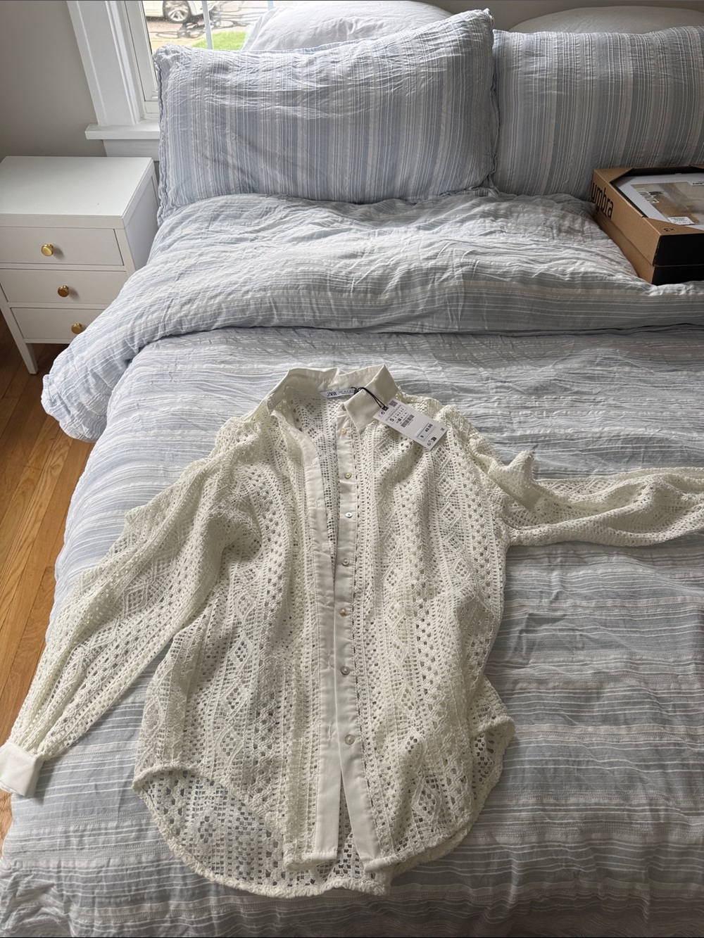 Zara Cream Crochet Button-Down Shirt